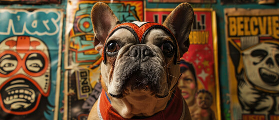 A French bulldog in a luchador mask, looking ready to jump into the wrestling ring, set against a backdrop of Mexican wrestling posters - obrazy, fototapety, plakaty