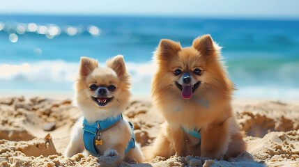 Couple of funny looking pomeranian spitz pups wearing harness on the beach - obrazy, fototapety, plakaty