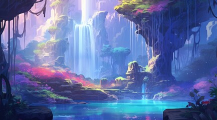 Enchanting sapphire waterfall oasis in seasonal bloom