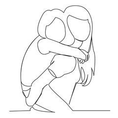 continuous single drawn one line mom wears a daughter on her back drawn by hand picture silhouette.Line art. character mama holds her daughter in her arms