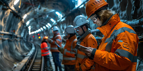 Foreman and construction worker using a digital tablet at the dark underground construction site