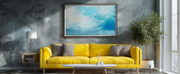 A burst of energy enlivens the space with a sunny yellow sofa against neutral gray walls, while a blank white frame on the wall awaits artistic expression. - obrazy, fototapety, plakaty