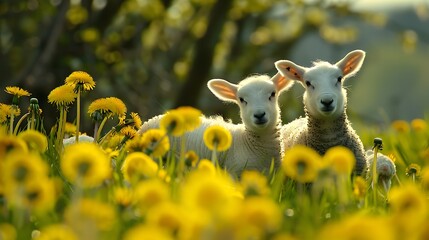 Dandelions and lambs are symbol of spring