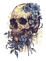 Skull head with floral illustration, merging dark aesthetics with natural beauty