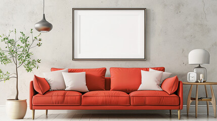 A burst of color energizes the room with a vibrant coral sofa against neutral beige walls, while an empty white frame offers a canvas for imaginative decor.