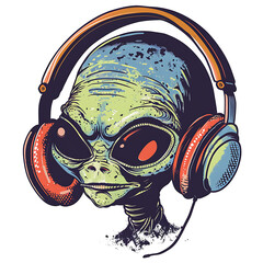 Alien wearing headphones illustration, embracing otherworldly vibes and musical passion