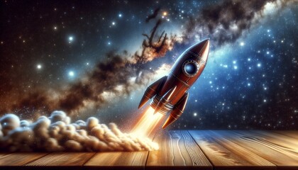 Illustration of a toy rocket perched atop a stack of books, ready for launch - obrazy, fototapety, plakaty