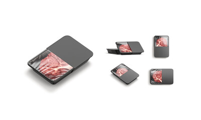 Blank transparent plastic beef tray white label mockup, different sides
