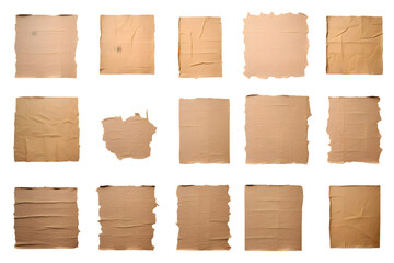 Collection of ripped pieces of corrugated cardboard isolated on transparent background