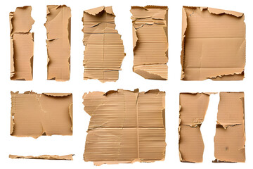 Collection of ripped pieces of corrugated cardboard isolated on transparent background