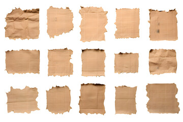 Collection of ripped pieces of corrugated cardboard isolated on transparent background