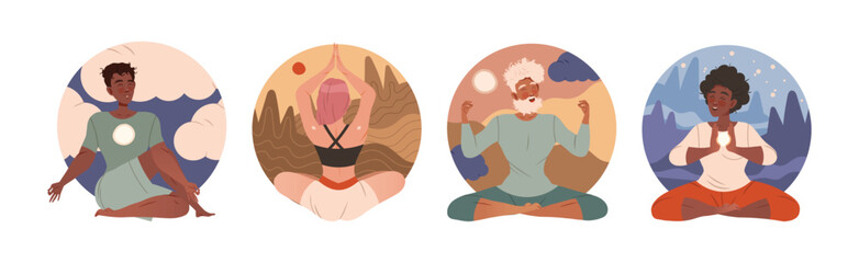 Tranquil Man and Woman Character in Yoga Pose Breathing and Meditating Vector Set