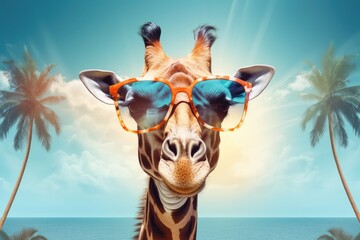 Fototapeta premium cool giraffe with sunglasses on tropical beach background