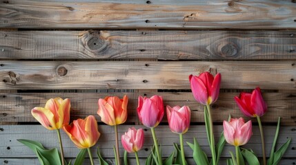Several tulips in different hues on a wooden surface