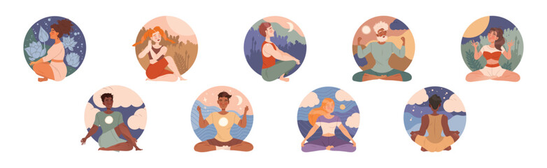 Tranquil Man and Woman Character in Yoga Pose Breathing and Meditating Vector Set
