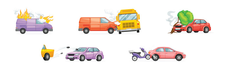 Car Crash and Accident on the Road Vector Set