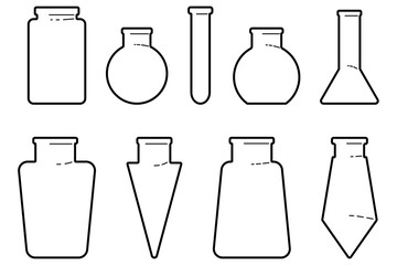 Vector drawing of glass tubes, flasks for chemical experiments. Glass flask for alchemy, magic drinks. A set of flasks for the design of magical rituals. - obrazy, fototapety, plakaty