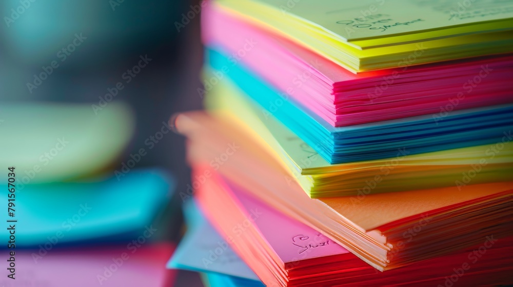 Poster macro shot of a stack of colorful sticky notes with business ideas ai generated illustration