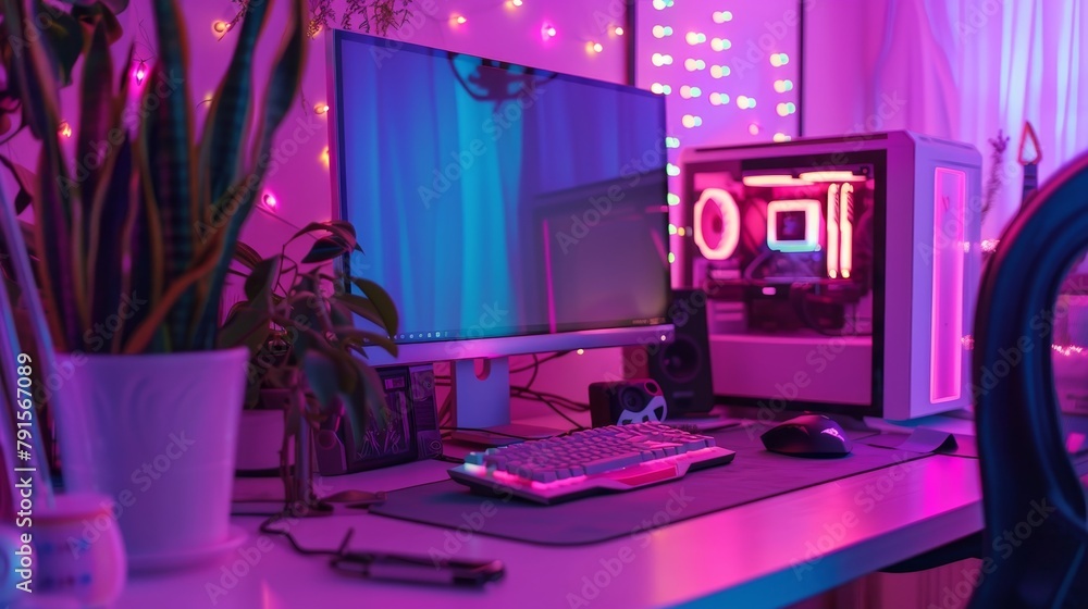 Poster macro view of a cyberpunk hackers neon lit workstation ai generated illustration