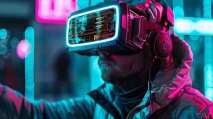 Fototapeta na wymiar Macro view of a neon colored cyberpunk hacker wearing VR glasses AI generated illustration