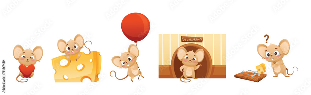 Poster cute mouse character engaged in different activity vector set