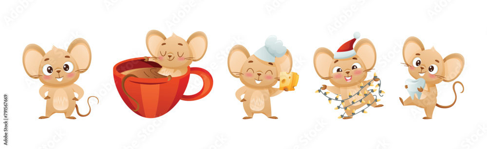 Poster cute mouse character engaged in different activity vector set