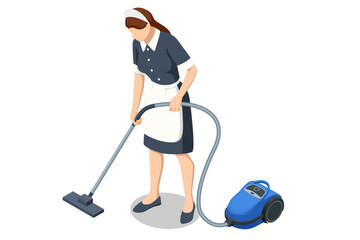 Isometric Professional chambermaids cleaning floor in hotel room. Chambermaid in uniform using vacuum cleaner while cleaning floor covering in one of hotel room