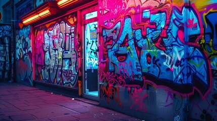 Neon colored graffiti art on a cyberpunk building facade  AI generated illustration