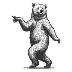 Dancing standing bear pointing with its paw sketch engraving generative ai fictional character raster illustration. Scratch board imitation. Black and white image. - obrazy, fototapety, plakaty