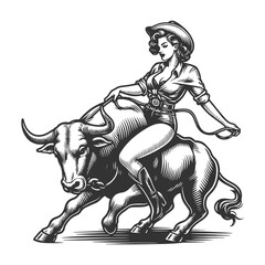 Pin-up woman bull cowgirl in full rodeo action, riding bull with a lasso sketch engraving generative ai fictional character raster illustration. Scratch board imitation. Black and white image.