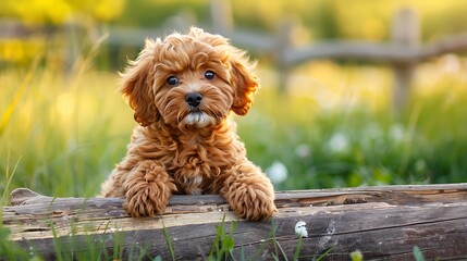 Red cavoodle puppy dog is sitting on the grass and has one paw on a wooden log