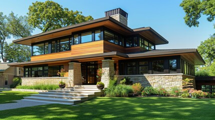Fototapeta premium Prairie-style homes with horizontal lines AI generated illustration