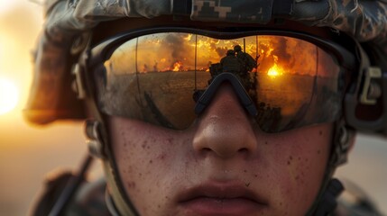 Reflection of explosions in a soldiers visor  AI generated illustration - obrazy, fototapety, plakaty