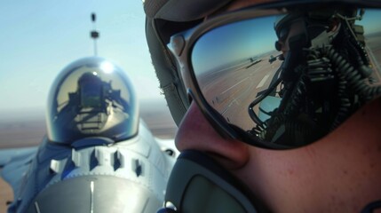 Reflection of a fighter jet in a squad leaders sunglasses  AI generated illustration - obrazy, fototapety, plakaty