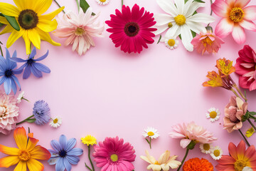 Colorful flowers on colorful background with copyspace