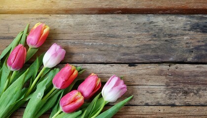 Rustic Tulips on Old Wooden Background: Copy Space