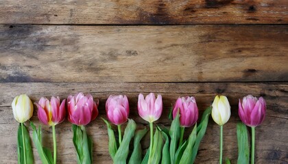 Fresh Tulips on Vintage Wooden Background: Copy Space