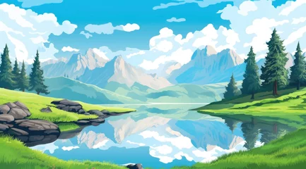 Foto op Canvas  Serene alpine lake reflecting distant mountains under a clear blue sky, framed by lush pines © chesleatsz