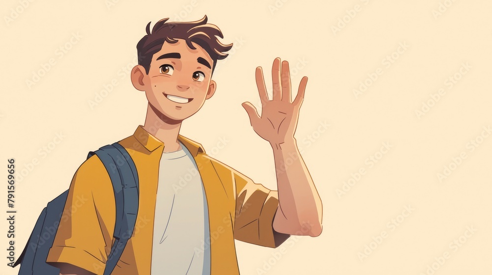 Poster an animated young man with a friendly smile enthusiastically greets with a wave and says hello hi or
