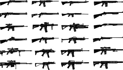 weapons, rifles set silhouette on white background vector