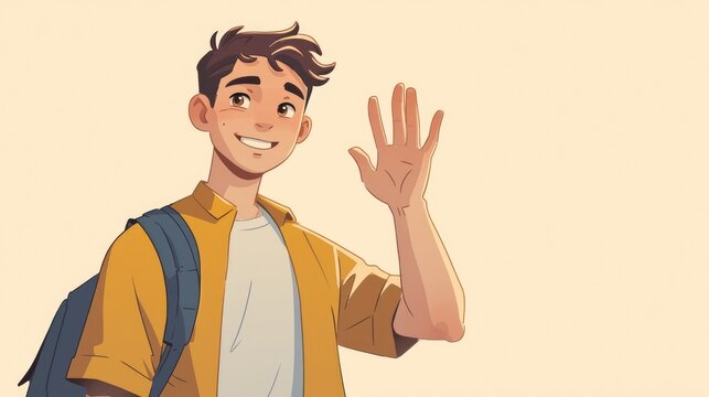 An animated young man with a friendly smile enthusiastically greets with a wave and says hello hi or bye in a lively cartoon 2d character illustration presented in a charming minimalist cart