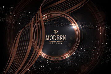 Composition with a round gold frame in a ribbon on a black background.