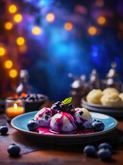 A plate of blueberry grunt dessert on dish neon colorful lightings in background, bokeh blur,...