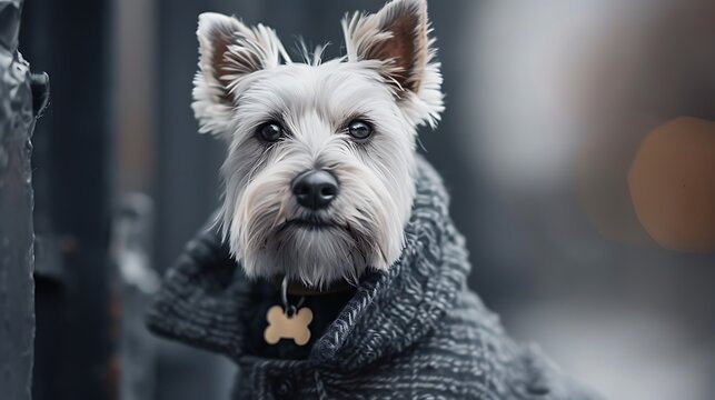West Highland terrier in a fashionable gray coat on a background