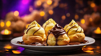 A platter of profiteroles filled with creamy vanilla, neon lighting bokeh in background,...