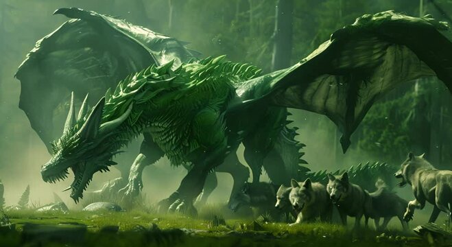 Realistic green dragon and pack of wolves