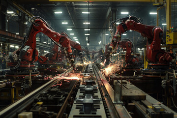 An expansive factory floor with robotic arms assemble intricate machinery while workers oversee the process with focused expertise. Sparks fly as metal is shaped