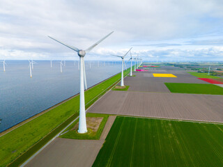 A wind farm stretches gracefully across the Dutch countryside, harnessing the power of the breeze from the nearby body of water