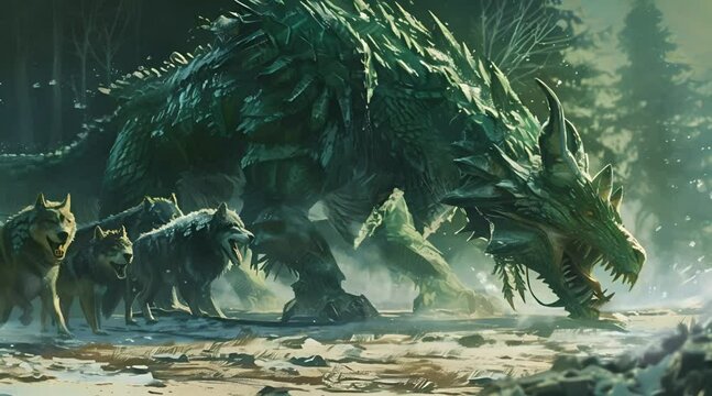 Realistic green dragon and pack of wolves