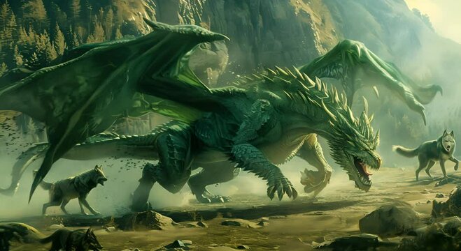 Realistic green dragon and pack of wolves